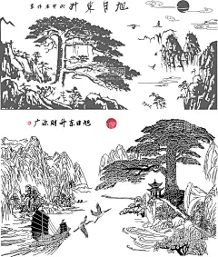 迎客松  - 源文件下载【酷图网】迎客松,松树,墙画,风景画,矢量图,壁纸图,硅藻泥,