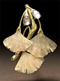 Brooch - Mother-of-Pearl, Gold. Gingko Leaves.