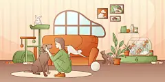 温馨的家庭宠物场景插画