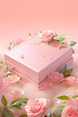 An empty pink gift box surrounded on roses, in the style of realistic landscapes with soft, tonal colors, editorial illustrations, resin, subtle gradients