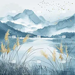 湖畔的芦苇，远处群山的云层，水墨水彩风格，浅蓝金色的配色，极