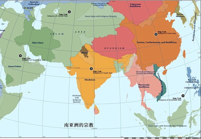 南亚次大陆主要有印度教(橙色)和伊斯兰教.