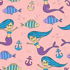 无缝美人鱼幼稚绘图图案与可爱的美人鱼和海洋动物宝宝和孩子时尚矢量插图
