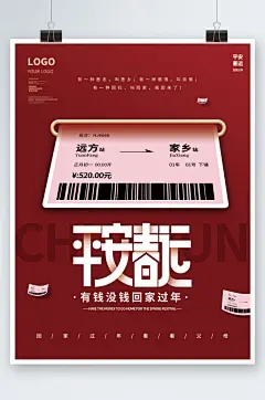 红色创意春节平安春运车票回家虎年新年海报