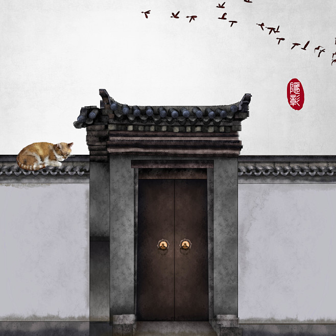中式门古建筑古门猫飞鸟古风水墨画古风插画