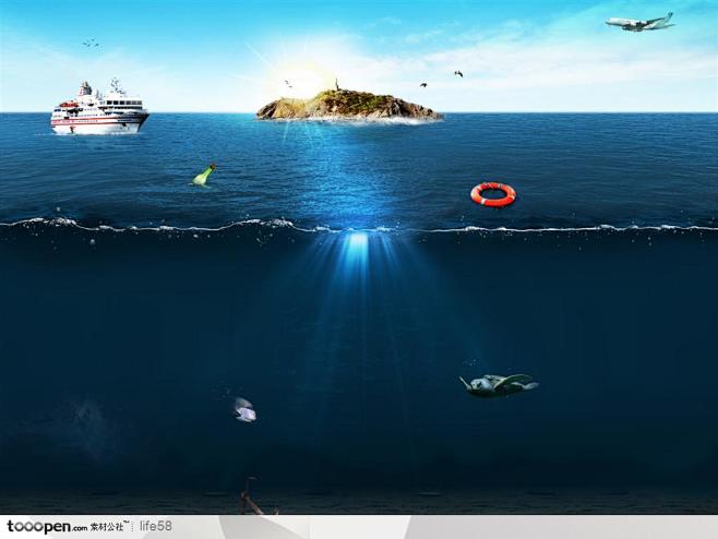 深海轮船开向小岛飞机天空飞过海鸥救生卷海...