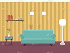 客厅的室内设计以家具、沙发、桌子、书架、台灯为主。室内设计的例子。