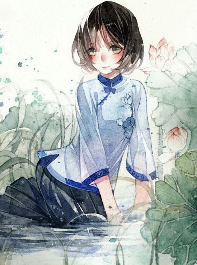 水彩插画手绘民国少女学生荷莲池塘