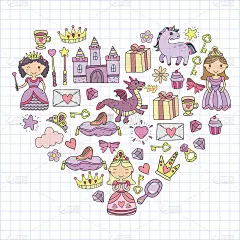 一套涂鸦公主和幻想图标和设计元素的邀请和贺卡。孩子们画的。幼儿园、学前班、学校模式