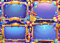 A golden polygon border with a blue purple background, used to display title text, cartoon border design, blue gold color scheme, cartoon style gifts and balloons on both sides of the frame, as well as birthday party atmosphere decoration with golden edge