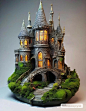 This may contain: a miniature castle made out of moss with stairs leading up to the entrance and windows