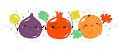 可爱的无花果、石榴和橘子庆祝欢乐的节日。可爱的水果与五彩的旗帜，球球和气球。向量插图贺卡或海报