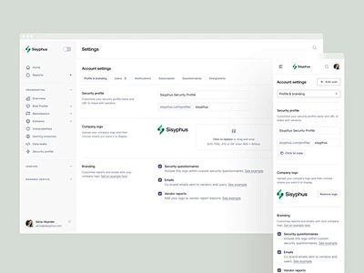 Sisyphus™ — 仪表板配置文件设置仪表板应用程序首选项暗模式响应选项卡最小设置 UI 管理 sidenav 产品设计 inter ...