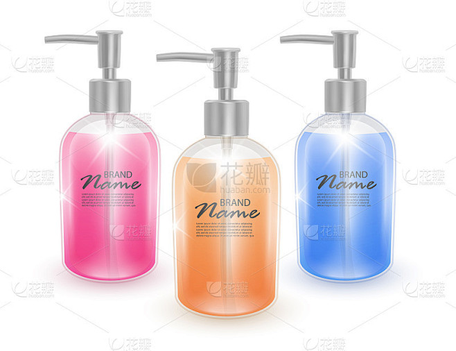 一套洗发水或液体肥皂的粉红色橙色和蓝色的...