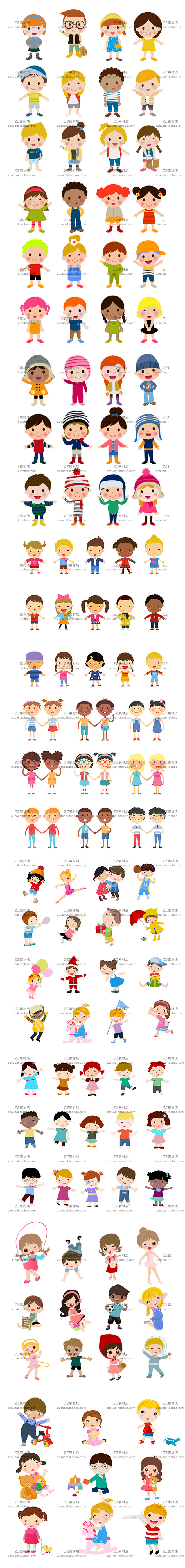 卡通可爱Q版扁平化小学生儿童人物服装造型...