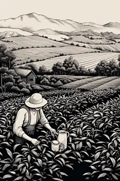 AI数字艺术复古铜版画茶园茶叶插画-众图网