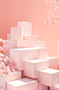the pink white cubes with blossoms and pink flowers, in the style of commercial imagery, minimalist and monochromatic, daz3d, light orange, contrasting shadows, minimalist stage designs, subtle pastel tones