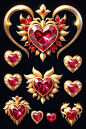 This may contain: valentine's day set with hearts and jewels in gold, red and white colors