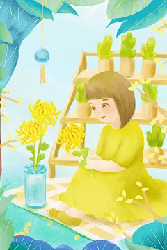 清新唯美小女孩秋天采摘菊花插画