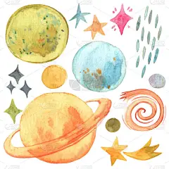 手绘水彩画的行星，星星，宇宙，银河和金色的星星。白色背景下手工绘制的大量神奇空间元素.