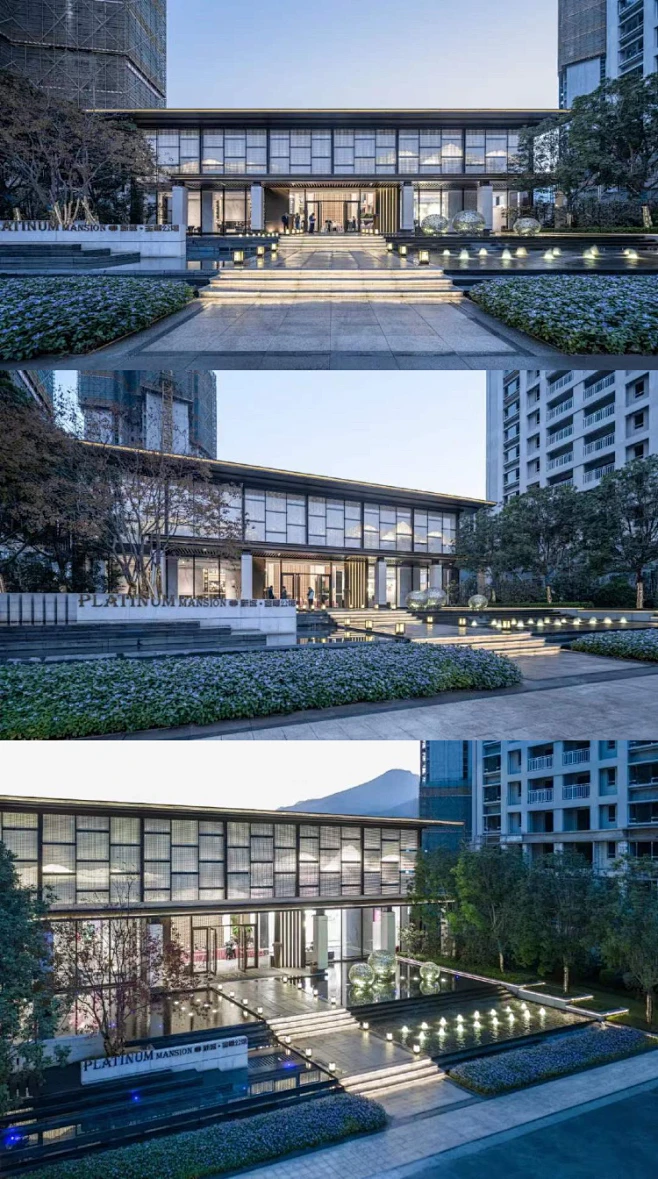 肇庆新城·金樾公馆 售楼前场，是山水延伸而来的场地，广阔开放的前场空间与前卫现代的售楼部形成视觉冲击。-花瓣网