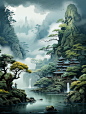 手绘中国风水墨画古风绿色山水自然世外桃源风景画Midjourney关键词咒语分享