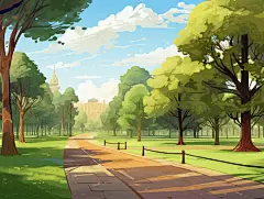 公园中央绿树成荫的道路卡通AI插画自然风景