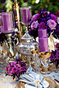 Gorgeous gilded details set against the sparkling backdrop of the Pacific Ocean painted an elegant table of violet roses, dahlias, lisianthus, hydrangea, button poms and seeded eucalyptus.