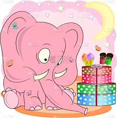 可爱的,贺卡,象,绘画插图,卡通,生日,矢量,草地,粉红大象,请柬