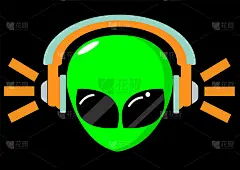 男绿帅外星人正从耳机里听着音乐。矢量插图平面设计的标志。音乐的概念