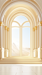 art deco window frame with arched ceiling and window ledge, in the style of light beige and gold, unreal engine 5, roni horn, energy-filled illustrations, light yellow and light gold, 32k uhd, 500–1000 ce