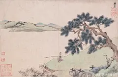 #山水画#【 明 姚绶 《三绝图册》 】册页，纸本设色，31.2×48.3cm×8，上海博物馆藏。 此册图作于弘治七年（公元1494年），作者时年73岁。姚绶的小景好作沙坳水曲，孤钓独吟，给人以沉静的美感。在表现技法和意趣上，画家继承了元吴镇的笔墨传统，风格粗放老辣，富于率达朴茂的情韵。