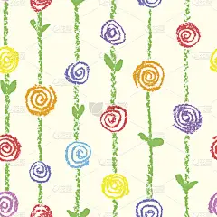 蜡笔一样的儿童绘制彩色无缝图案与玫瑰花和描条纹。