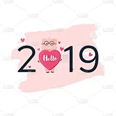矢量插图。2019卡与猪在手上绘制油漆斑点。卡通粉色小猪，戴着眼镜，带着爱心。你好2019年