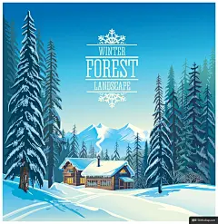 雪山美景森林雪地木屋雪松冬季节日手绘主题海报模板矢量素材