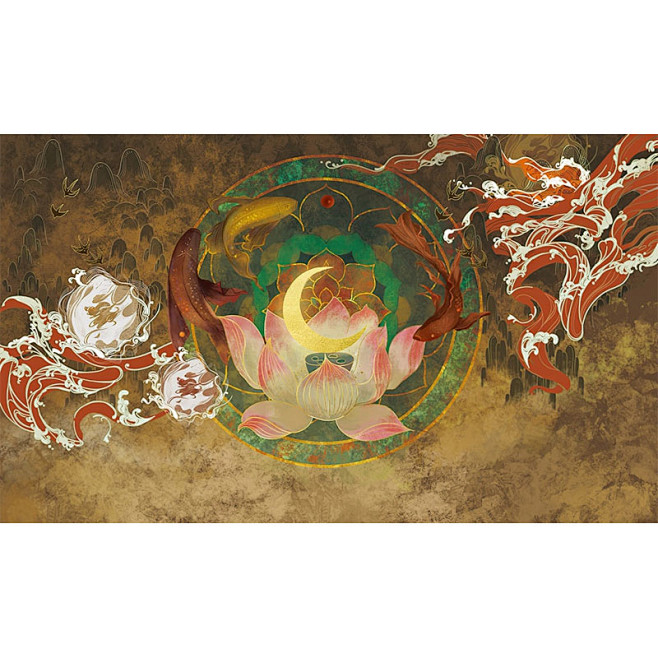 3d新中式敦煌艺术图腾壁纸禅意莲花墙纸客...