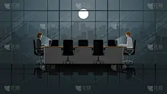 员工们在办公室的窗口会议室用笔记本电脑工作。在黑暗中工作，满月时在光明中工作。城市生活方式的努力工作
