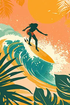 扁平风冲浪简约夏天插画