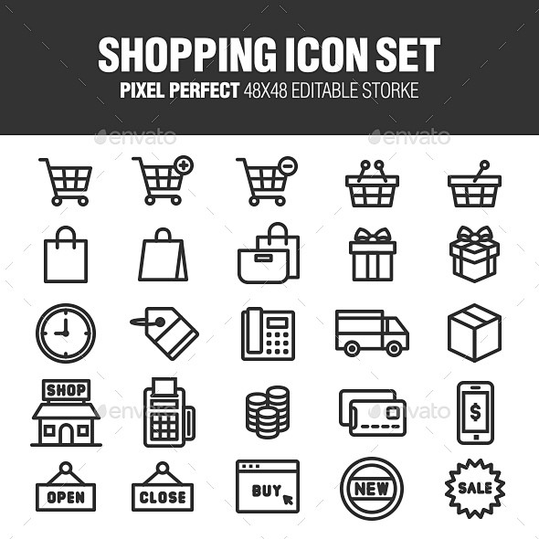 购物组图标——业务图标Shopping Icon Set - Business Icons袋、篮子、盒子、业务、购买卡片机,车,现金,时钟 ...