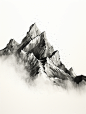 极简主义山水插图，水墨山脉由不同的线条组成黑白