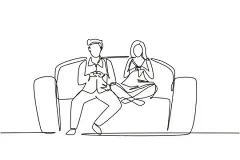 一笔画 | 图源免费EPS文件 |单线描绘的年轻家庭夫妇坐在沙发上玩电脑游戏和看电视。家庭休闲的业余时间。动态的单线绘图平面设计矢量
