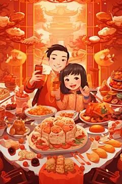 AI数字艺术龙年除夕夜年夜饭插画