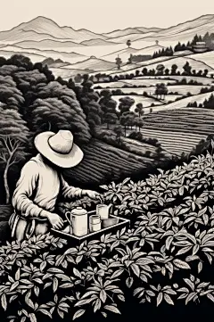 AI数字艺术复古铜版画茶园茶叶插画-众图网