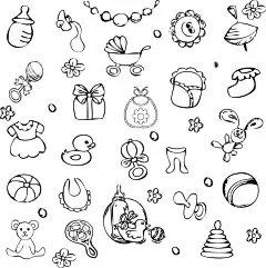 母婴元素涂鸦   - 源文件下载【酷图网】母婴元素涂鸦,母婴,元素涂鸦,奶瓶,婴儿床,婴儿玩具,玩具,