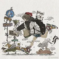 宠物与女孩日常插画，来自插画师kazuki_oekaki，作品的配色多数暗色调为主，风格独特，每一幅画似乎都在讲述女孩与宠物之间的故事，画面中女孩的装扮也非常有个性！#插画分享# #画笔下的奇思妙想# ​​​​