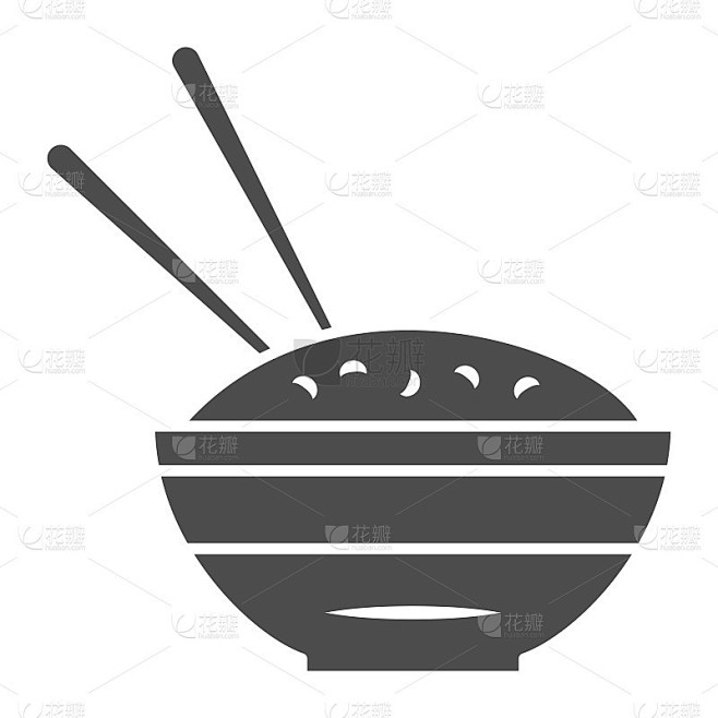 碗和筷子的固体图标，中餐或日本料理的概念，盘子的食物标志在白色的背景，餐和筷子图标的字形风格为网页设