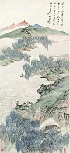 柳溪钓艇图2  - 源文件下载【酷图网】国画,山水,手绘,民国,山水画,字画
