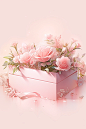 Pink flower box with white background, in the style of beeple, romantic illustration, letterboxing, soft color blending, elegantly formal, meticulously detailed still life, packed with hidden details