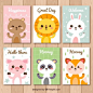 Set of nice animal cards with messages