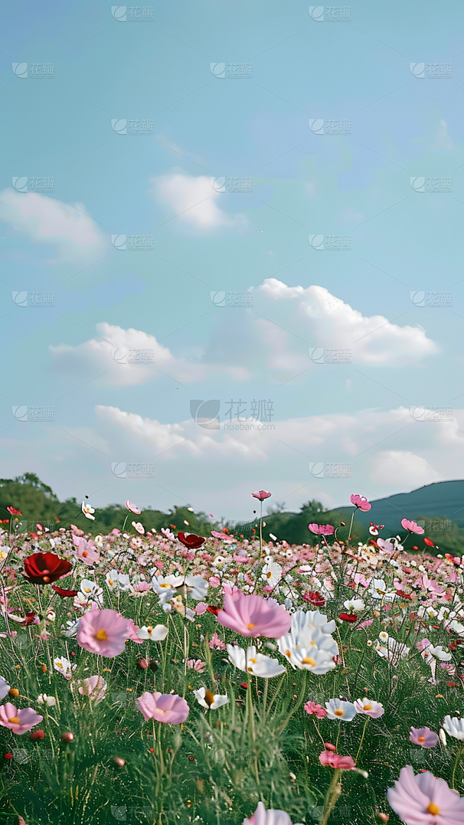 春天春季春日3D立体C4D实景旷野花田场...